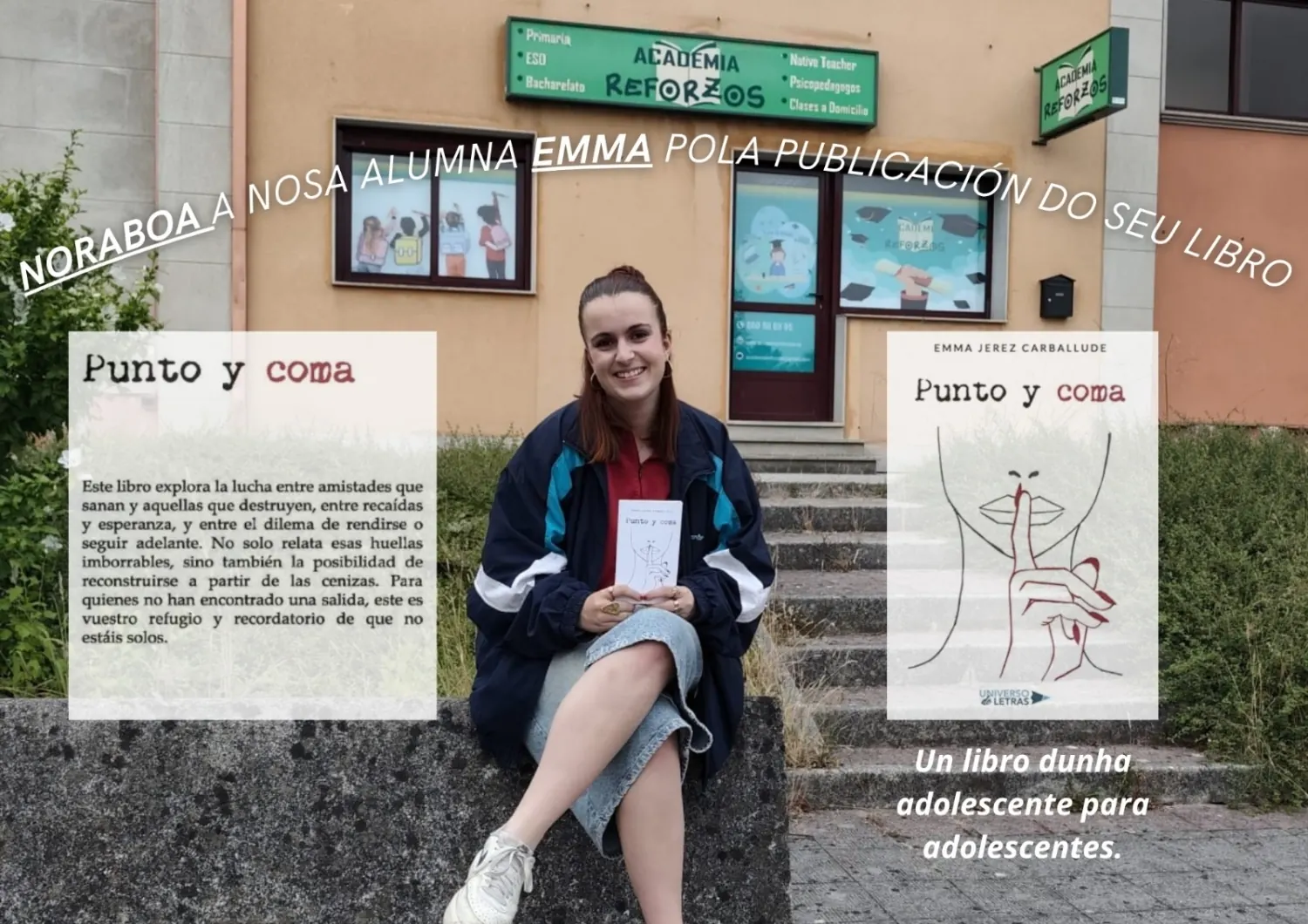 Emma, alumna da academia, co seu libro Punto y coma diante da academia