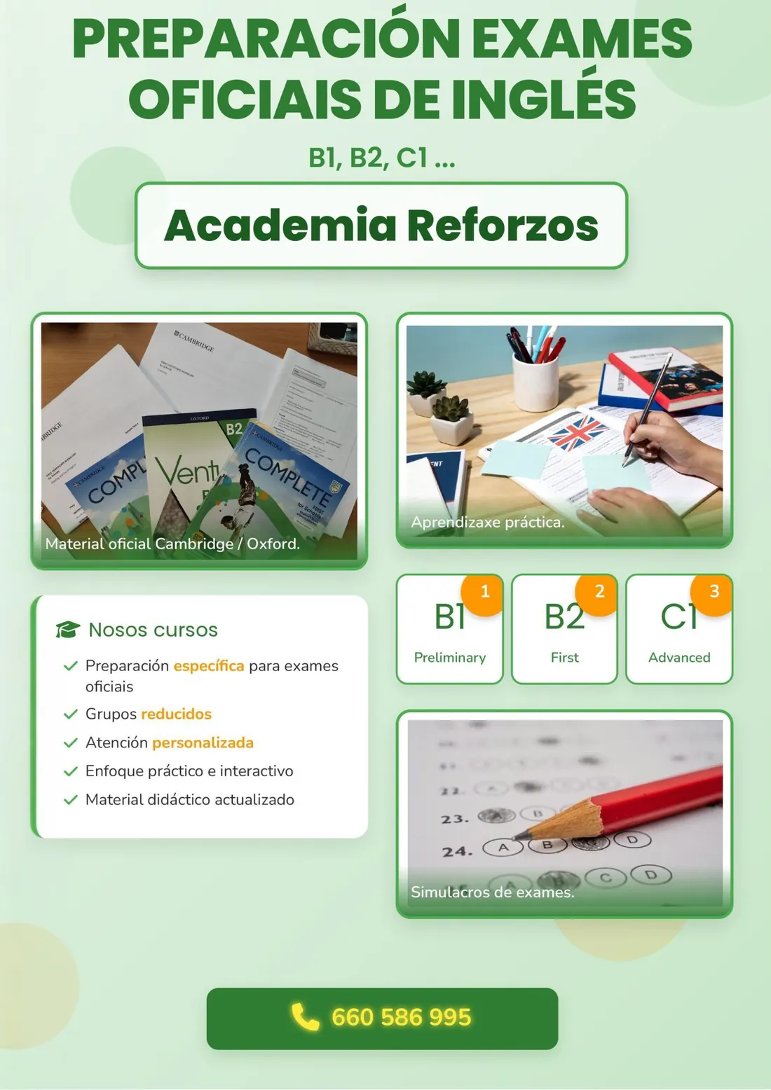 Cartel da preparación de exames oficiais de inglés de Academia Reforzos