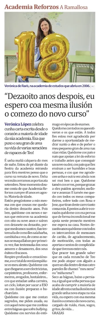 Artigo de prensa sobre os 18 anos de Academia Reforzos