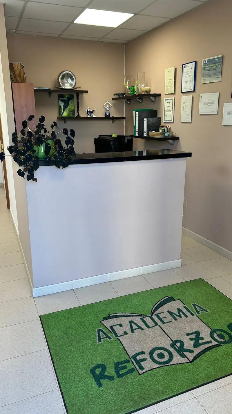 Recepción da academia coa alfombra verde do logo